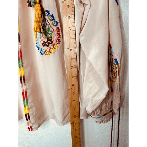 Fortela Ghodsi Tan Multicolor Beade Embroider Print Peasant Blouse 40 - Picture 16 of 16